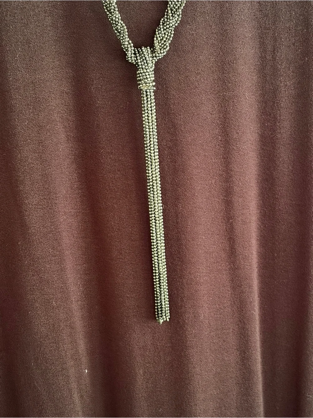 Long Gunmetal Beaded Tassel Necklace Braided Tiny Bead Statement 32”